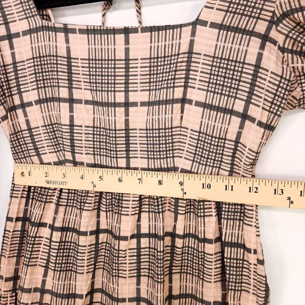 Topshop Babydoll Mini Dress Balloon Long Sleeve Size 4 Boho Gingham Brown - Picture 15 of 15